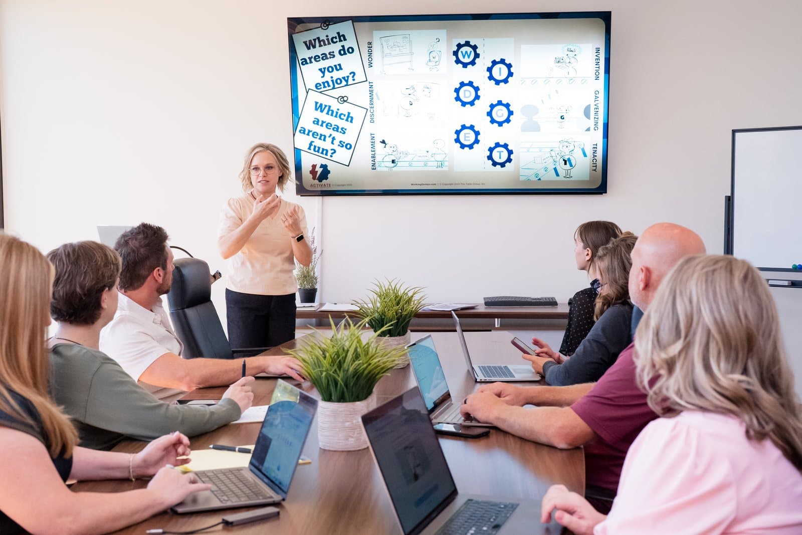 Janna Hubert leading a Working Genius team session for a small business team
